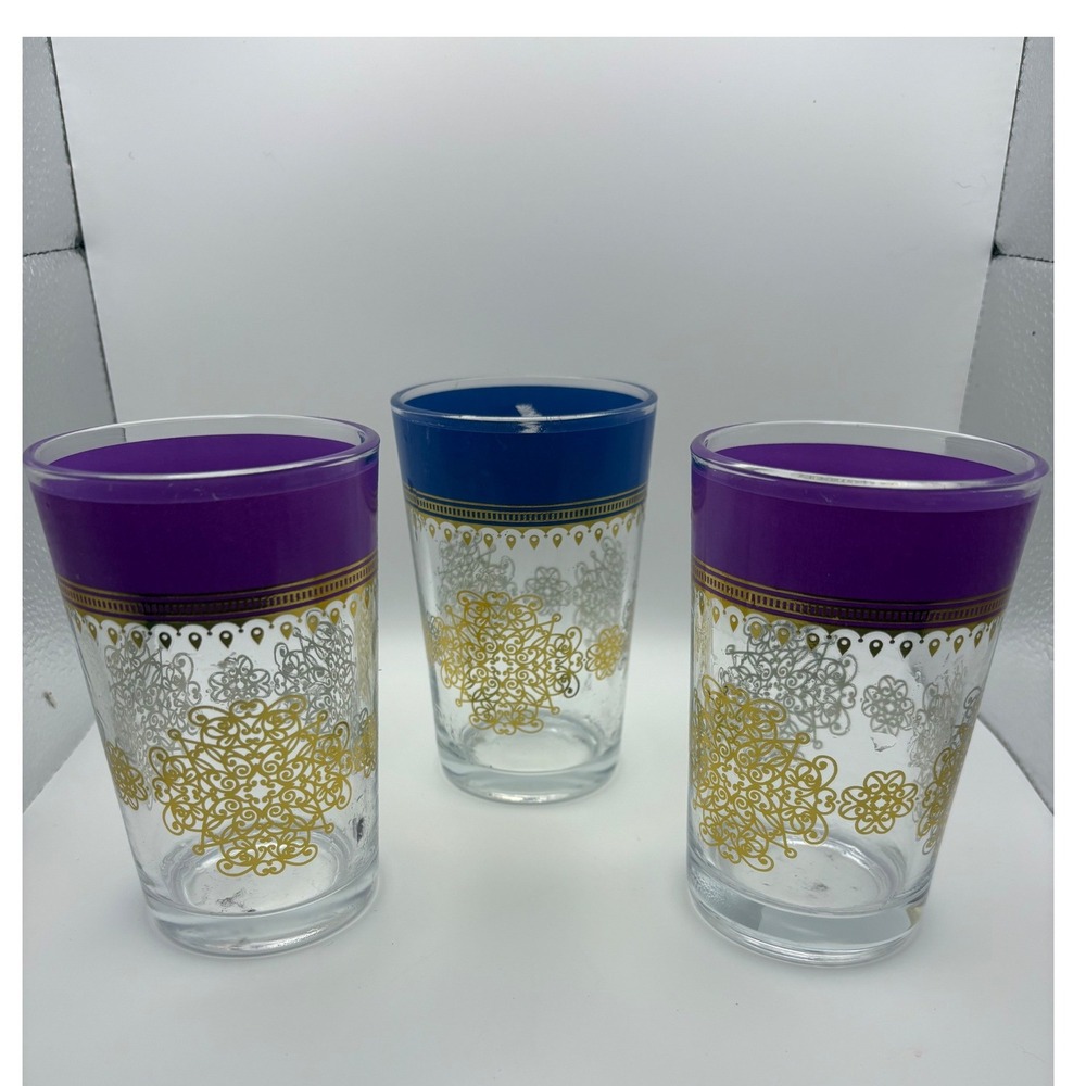 Set of 3 Moroccan‎ Tea Glasses Gold Silver Filigree Purple Blue Rims Vtg Style